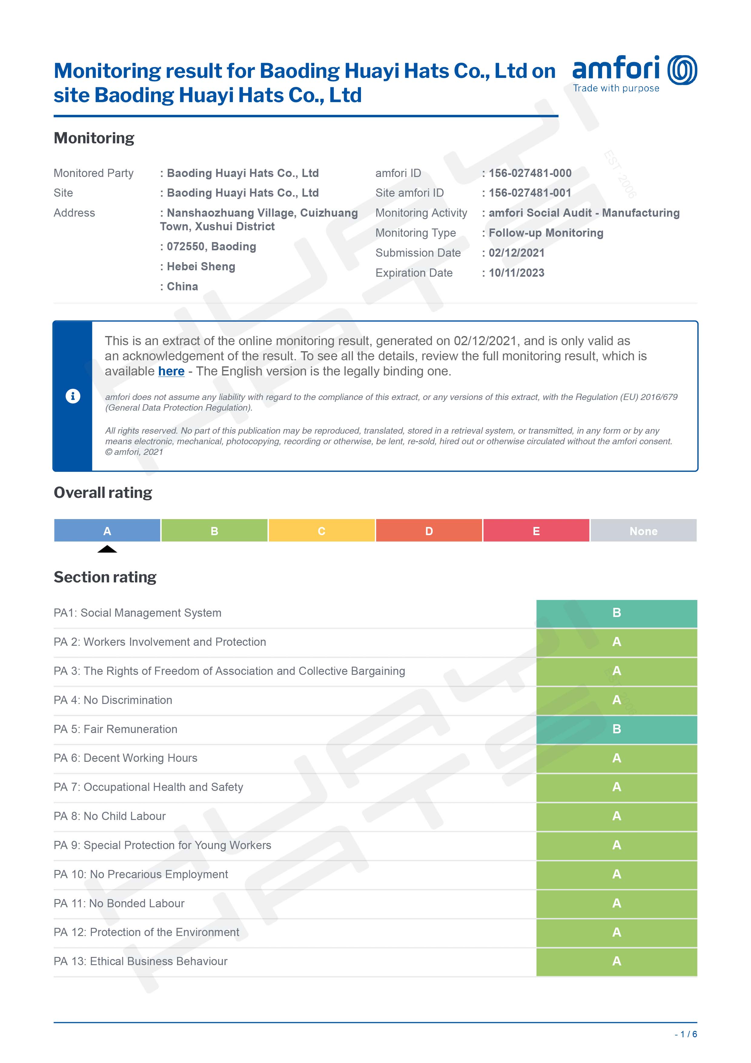Baoding Huayi Hats Co.,LTD BSCI Certificate Baoding Huayi Hats Co.,LTD BSCI Certificate