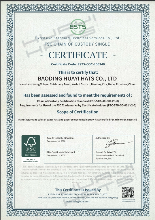 Baoding Huayi Hats Co.,LTD FSC Certification Baoding Huayi Hats Co.,LTD FSC Certification