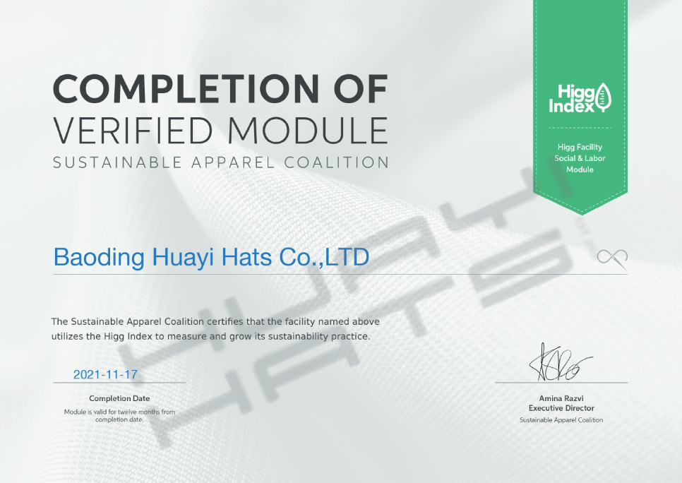 Baoding Huayi Hats Co.,LTD Higg Index FSLM Baoding Huayi Hats Co.,LTD Higg Index FSLM