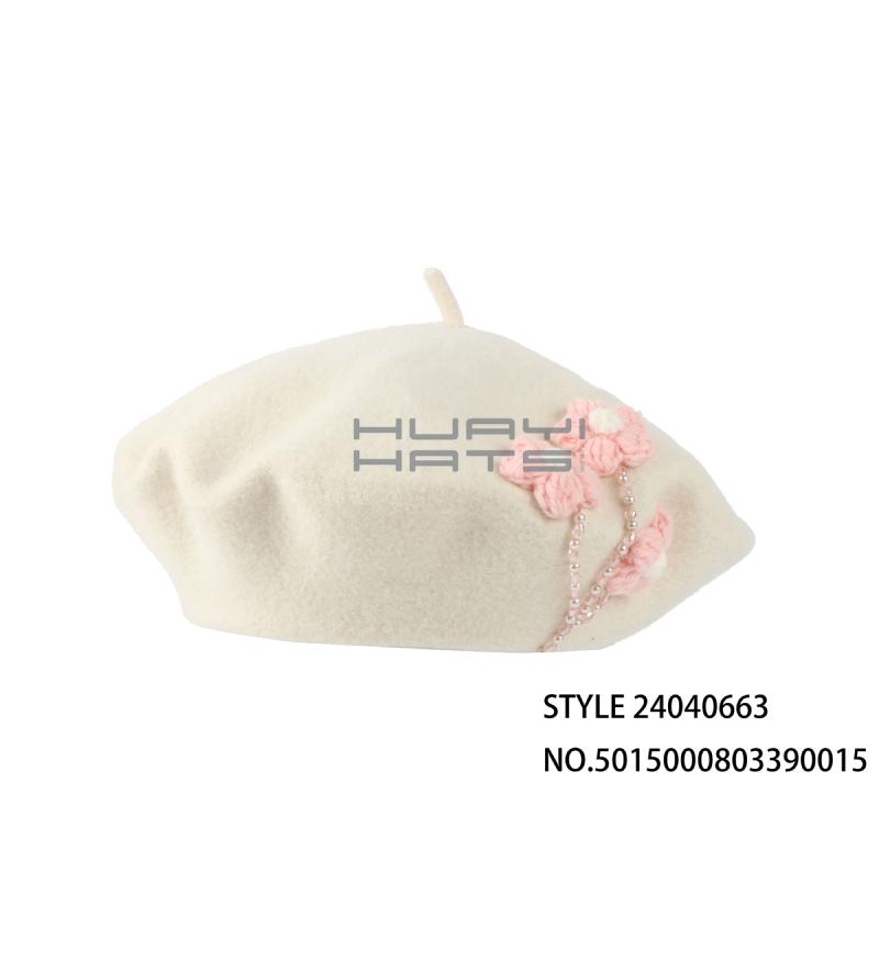 Custom White Fashion Beret With Flower Decoration