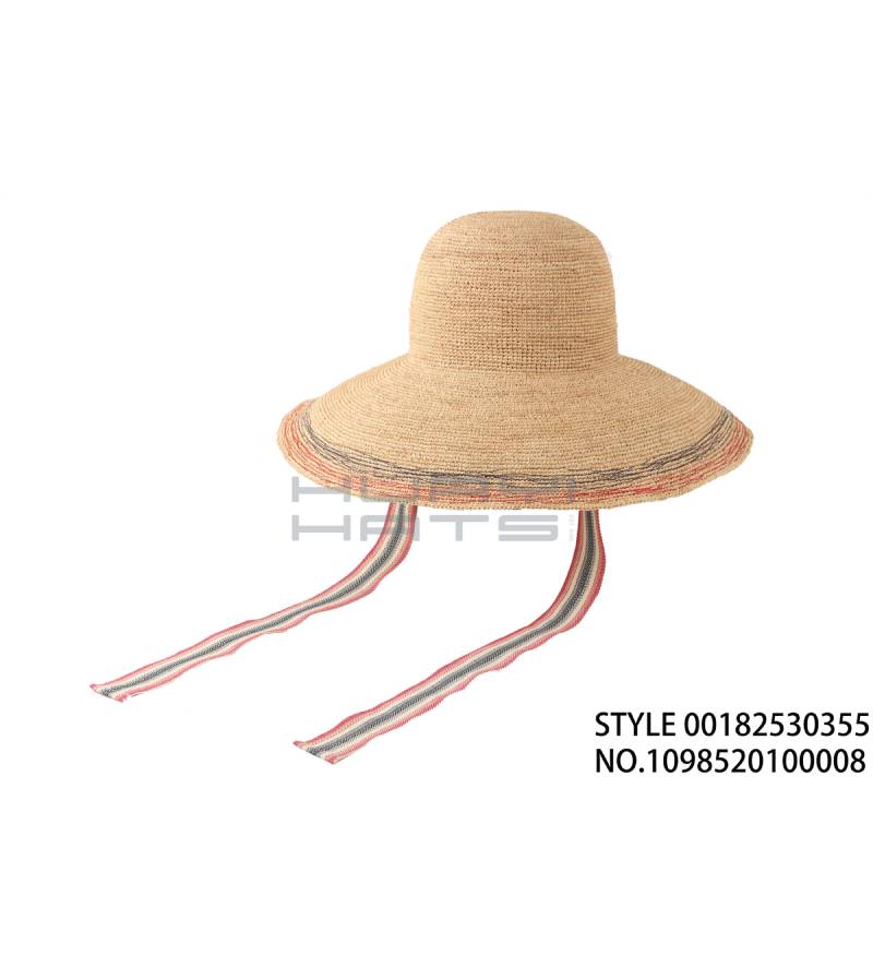 Beige Wide Brim Straw Beach Hat With Colorful Chin Strap