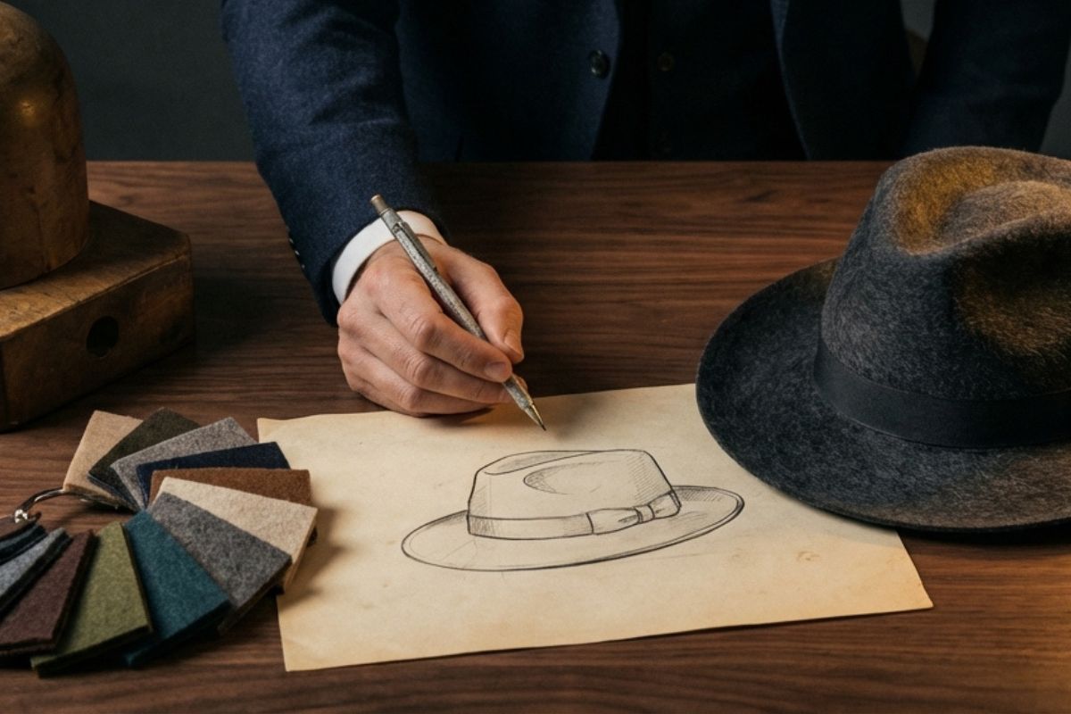 Hands refining a felt hat sample during development