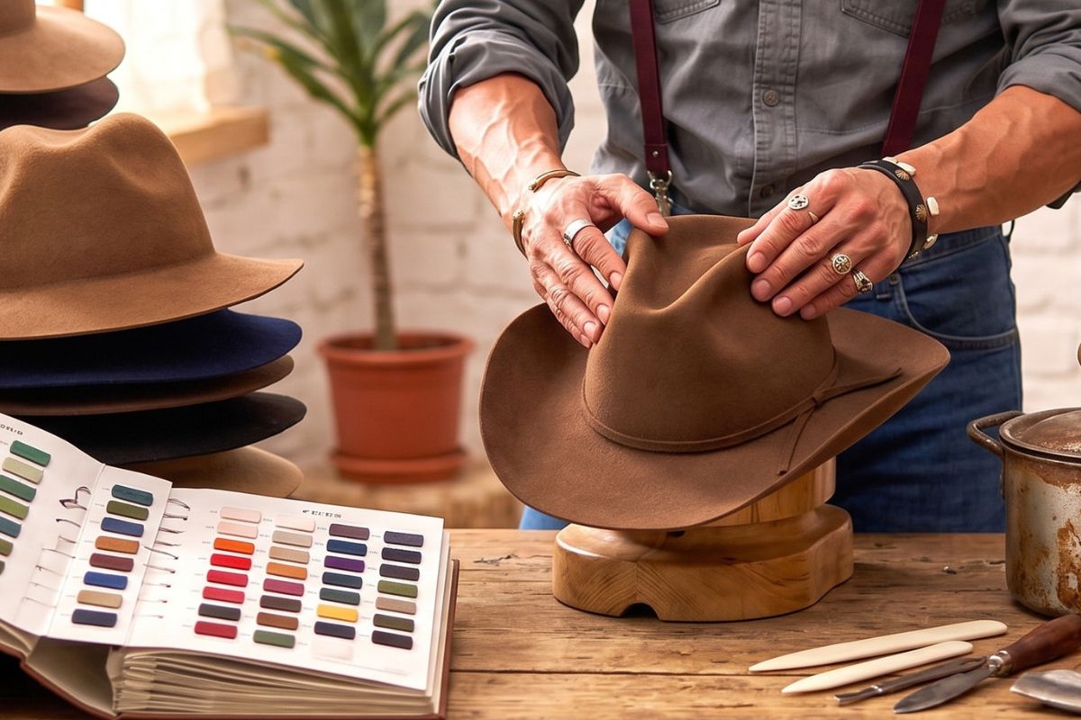 Hat development desk with sketches and material choices